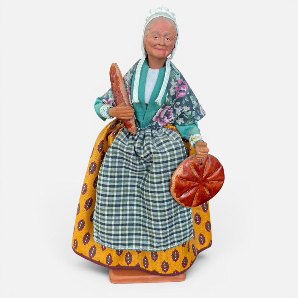 Claude Carbonel Santon Provence French Figurine Woman Bread Seller 10” Vintage